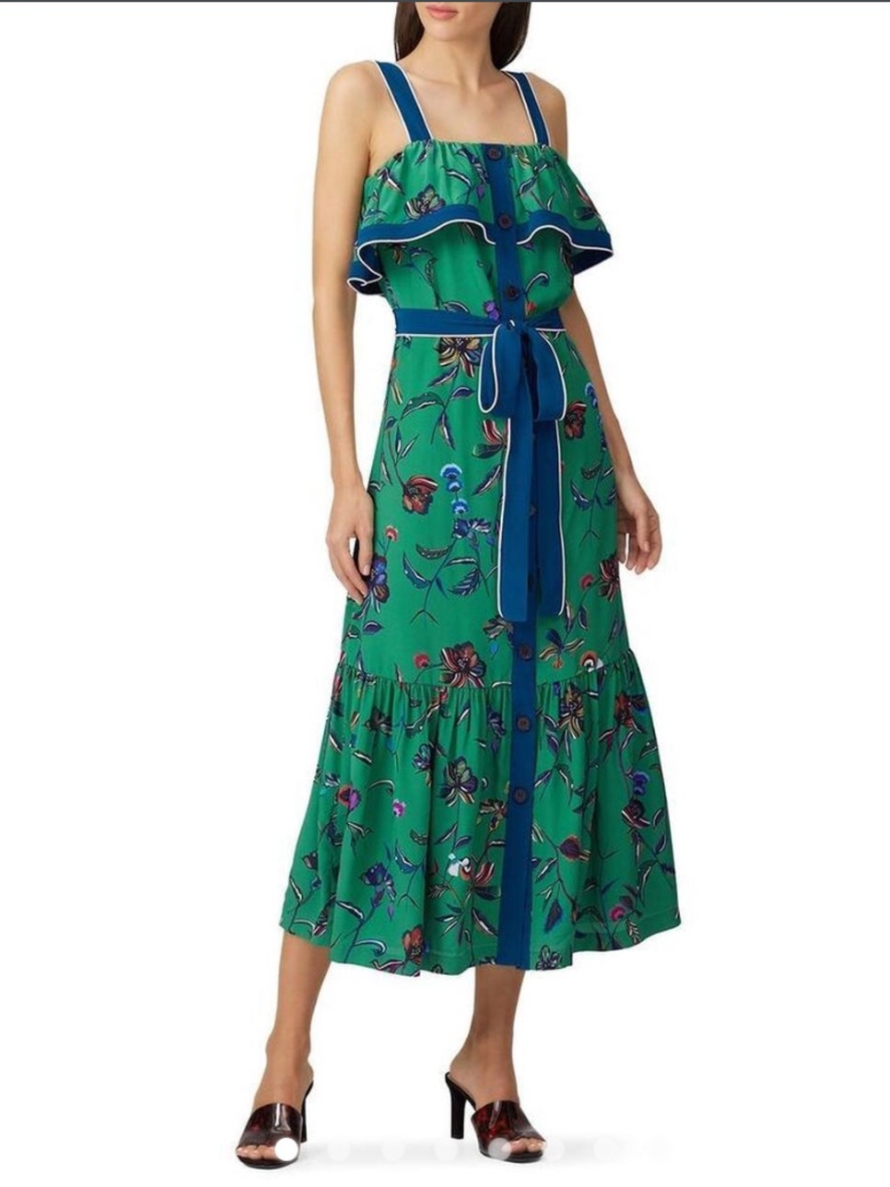 Green Floral Maxi dress with Blue Trim
